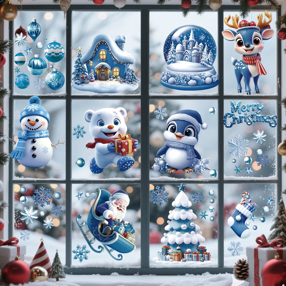 Snowflake Window Decal - Blue Christmas Stickers Cartoon Santa Snowflake